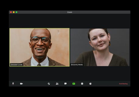 A screen shot of two people meeting online via video